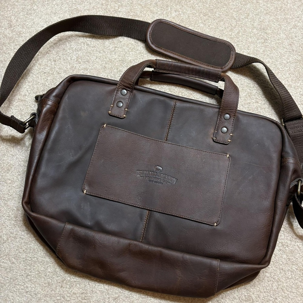 Buffalo Jackson Mahogany Brown Leather Laptop Bag Case Briefcase Messenger Strap